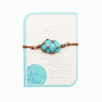 Synthetic Turquoise Macrame Pouch Braided Bead Bracelet, Wax Cord Adjustable Bracelet, 9-7/8 inch(25cm)