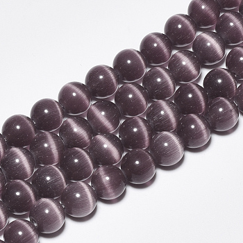 Cat Eye Beads Strands, Round, Purple, 10mm, Hole: 1.5mm, about 40pcs/strand, 15.5 inch