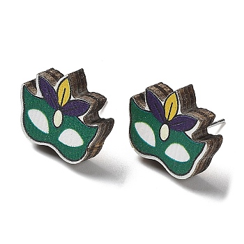 Printing Wood Stud Earrings for Women, with 316 Stainless Steel Pins, Masquerade Mask, Colorful, 15x17mm