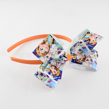 Girls' Kawaii Bowknot Hair Bands, Plastic Hair Bands with Printed Grosgrain Ribbon, Chocolate, 105mm(OHAR-R213-03)
