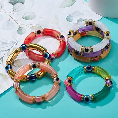 7Pcs 7 Color Acrylic Curved Tube & Plastic Evil Eye Beaded Stretch Bracelets Set(BJEW-JB08962)-2