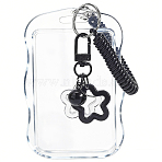 Rectangle Transparent Silicone Name Card Holders, with Spring Rope & Alloy Clasp & Acrylic Pendant Decorations, Black, 110x71x5mm(AJEW-SC0004-22B)