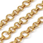 304 Stainless Steel Textured Ring Link Chains, Ion Plating(IP), Unwelded, with Spool, Real 18K Gold Plated, 12x1.5mm & 20x9.5x4.5mm(CHS-G051-15G)