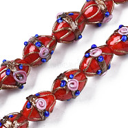 Handmade Gold Sand Lampwork Beads Strands, Ovald with Flower, Red, 16~17x13~15x12~13mm, Hole: 1.4~1.8mm, about 30pcs/strand, 19.69 inch(50cm)(LAMP-N021-40C)