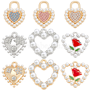 45Pcs 9 Style Alloy Crystal Rhinestone Pendants, with ABS Plastic Imitation Pearl Beads, Heart Charms, Mixed Color, 17~20x14~19.5x3~4.5mm, Hole: 1.6~4mm, 5pcs/style(ALRI-GA0001-06)