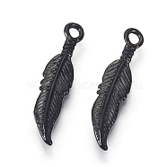 304 Stainless Steel Pendants, Feather, Gunmetal, 25.5x6x2.5mm, Hole: 2mm(STAS-E446-08B)
