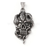 304 Stainless Steel Big Pendants, with 201 Stainless Steel Snap on Bails, Skull with Snake Charms, Antique Silver, 51x28x6mm, Hole: 9x5mm(STAS-A083-13AS)