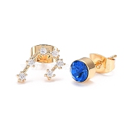 Brass Micro Pave Cubic Zirconia Stud Earrings, Asymmetrical Earrings, with 925 Sterling Silver Pins and Ear Nuts, Flat Round & Constellation/Zodiac Sign, Golden, Blue, Gemini, 11x7mm and 5mm, Pin: 0.8mm(EJEW-I253-01D)