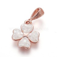 Brass Enamel Charms, with Freshwater Shell, Four Leaf Clover, Rose Gold, Floral White, 13.5x12x2.5mm, Hole: 3x3.5mm(KK-E763-03A-RG)