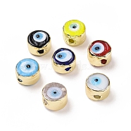 Handmade Evil Eye Lampwork Beads, with Golden Tone Brass Findings, Long-Lasting Plated, Cadmium Free & Lead Free, Flat Round, Mixed Color, 12.5x8mm, Hole: 2.5mm(LAMP-P057-05G)