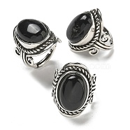 Natural Obsidian Adjustable Rings, Lead Free & Cadmium Free, Antique Silver Plated Brass Finger Rings for Women, Oval, 27mm, Inner Diameter: 17mm(RJEW-I108-01AS-17)