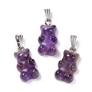 Natural Amethyst Pendants, with Stainless Steel Color Tone 201 Stainless Steel Findings, Bear, 27.5mm, Hole: 2.5x7.5mm, Bear: 21x11x6.5mm(X-G-G854-01P-07)