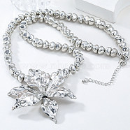 CCB Plastic Beaded Necklaces, Alloy Big Flower Pendant Necklaces for Women, Platinum, 27.17 inch(69cm)(NJEW-P319-01P)