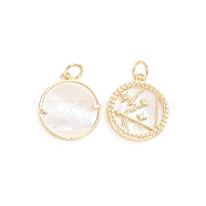 Brass Micro Pave Cubic Zirconia Pendants, with Natural Shell and Jump Ring, Flat Round with Twelve Constellations, Golden, Sagittarius, 17.5x15x2.5mm, Hole: 3.5mm(ZIRC-E164-36K-G)