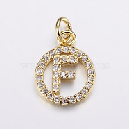 Long-Lasting Plated & Rack Plating Brass Micro Pave Cubic Zirconia Letter Charms, Flat Round, Real 18K Gold Plated, Letter.F, 13x10x2mm, Hole: 3mm(X-ZIRC-A007-04F-G)