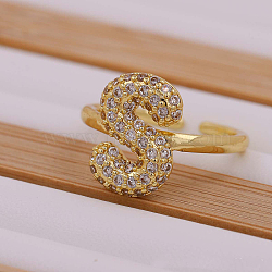 Brass Micro Pave Clear Cubic Zirconia Initial Cuff Rings, Golden, Letter S, Inner Diameter: Adjustable(FS-WGB210B-19)