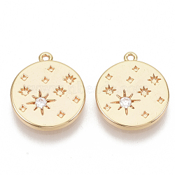 Brass Micro Pave Cubic Zirconia Charms, Nickel Free, Flat Round with Star, Real 18K Gold Plated, Clear, 14.5x12.5x1.5mm, Hole: 0.9mm(X-KK-T050-18G-NF)