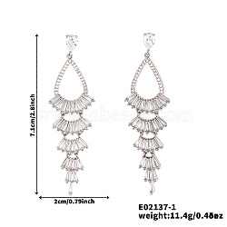 French Romantic Tassel Brass Stud Earrings, with Full Rhinestone Decoration, Silver, Fan, 71x20mm(XJ0314-1)