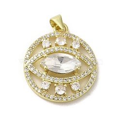Brass Micro Pave Cubic Zirconia Pendants, with Glass, Real 18K Gold Plated, Flat Round with Eye, Clear, 26x22x5.5mm, Hole: 3.3x3.7mm(KK-E092-30G-04)
