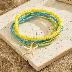 Multilayer Glass Seed Beads Starfish Pendant Anklet for Women, Boho Jewelry Summer Beach Foot Ankle Chain, Yellow, Inner Diameter: 2-3/8 inch(6cm), 6pcs/set(PW-WG7288D-02)