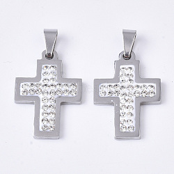 201 Stainless Steel Pendants, with Random Size Snap On Bails and Polymer Clay Crystal Rhinestones, Cross, Stainless Steel Color, 24x17x2~3mm, Hole: 7~10x3~5mm(STAS-N089-94P)