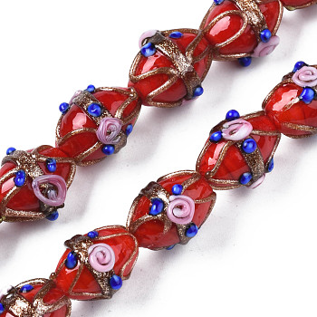Handmade Gold Sand Lampwork Beads Strands, Ovald with Flower, Red, 16~17x13~15x12~13mm, Hole: 1.4~1.8mm, about 30pcs/strand, 19.69 inch(50cm)