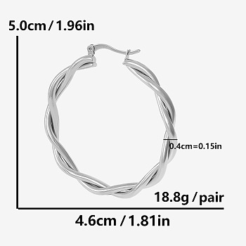 Stylish Minimalist 304 Stainless Steel Twist Hoop Earrings, Unique Twisted Design Jewelry, Silver, 50x46mm