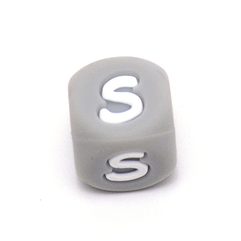 Silicone Alphabet Beads for Bracelet or Necklace Making, Letter Style, Gray Cube, Letter.S, 12x12x12mm, Hole: 3mm