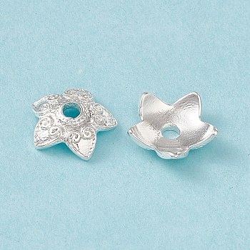 5-Petal Brass Bead Cap, Cadmium Free & Lead Free, Long-Lasting Plated, Flower, 925 Sterling Silver Plated, 9x9x2.5mm, Hole: 1.8mm