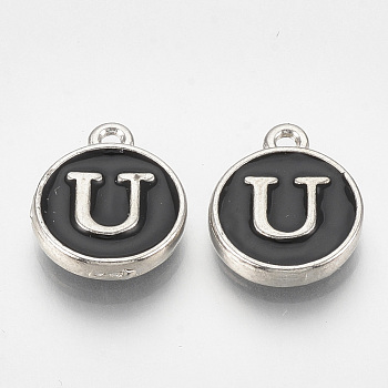 Alloy Enamel Charms, Flat Round with Letter, Platinum, Black, Letter.U, 14x11.5x2.5mm, Hole: 1mm
