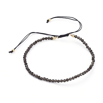 Braided Bead Bracelets, with Natural Black Obsidian Beads and Golden Plated Brass Beads and Braided Nylon Thread, 55~86mm