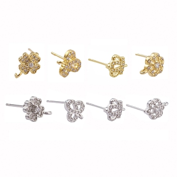 8 Pairs Brass Micro Pave Clear Cubic Zirconia Stud Earring Findings, with Loop, Cadmium Free & Lead Free, Flower & Clover & Crown, Platinum & Golden, 8pairs/box
