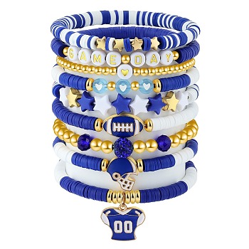 1 Set Handmade Polymer Clay Heishi Beads Stretch Bracelets Set, with Alloy Charm, Blue, Inner Diameter: 2~2-1/4 inch(5.1~5.7cm), 9pcs/set