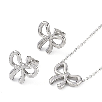 Non-Tarnish 304 Stainless Steel Bowknot Necklaces & Studs Earrings Set for Women, Stainless Steel Color, 420mm