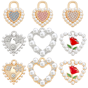 45Pcs 9 Style Alloy Crystal Rhinestone Pendants, with ABS Plastic Imitation Pearl Beads, Heart Charms, Mixed Color, 17~20x14~19.5x3~4.5mm, Hole: 1.6~4mm, 5pcs/style