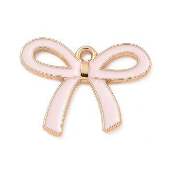 Alloy Enamel Pendants, Light Gold, Cadmium Free & Lead Free, Bowknot Charm, Pink, 19.5x25x2mm, Hole: 1.6mm