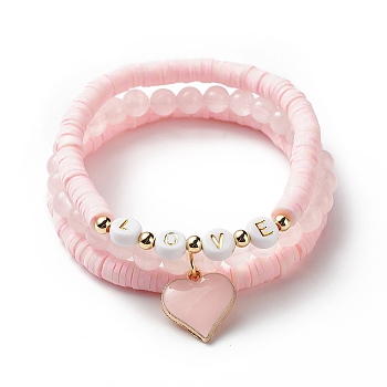 3Pcs 3 Style Natural Rose Quartz & Acrylic Word Love Beaded Stretch Bracelets Set with Alloy Enamel Heart Charms, Polymer Clay Heishi Surfer Preppy Bracelets for Women, Inner Diameter: 2-1/8~2-1/4 inch(5.3~5.7cm), 1Pc/style