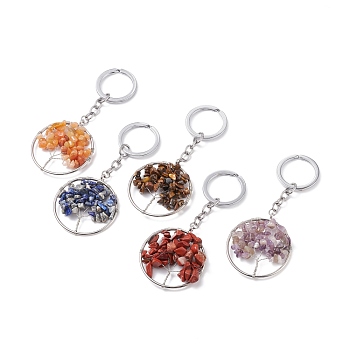 Natural Gemstone Keychain, with Alloy Split Key Rings, Ring with Tree, Platinum, 11.5cm