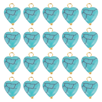 50Pcs Synthetic Turquoise Pendants, Heart Charm, with Golden Tone Brass Ball Head Pins, 14x10x5mm, Hole: 2mm