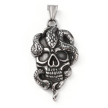 304 Stainless Steel Big Pendants, with 201 Stainless Steel Snap on Bails, Skull with Snake Charms, Antique Silver, 51x28x6mm, Hole: 9x5mm