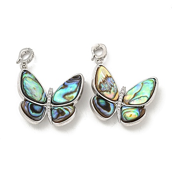 Brass Micro Pave Clear Cubic Zirconia Pendants, with Paua Shell, Butterfly Charms, Real Platinum Plated, 27.5x26x5.5mm, Hole: 4x3mm