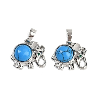 Synthetic Turquoise Pendants, Rack Plating Brass Rhinestone Elephant Charms, Platinum, Cadmium Free & Lead Free, 17.5x20.5x8mm, Hole: 5x8mm