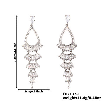 French Romantic Tassel Brass Stud Earrings, with Full Rhinestone Decoration, Silver, Fan, 71x20mm