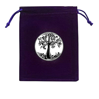 Rectangle Velvet Jewelry Storage Pouches, Tree of Life Printed Drawstring Bags, Salmon, 15x12cm