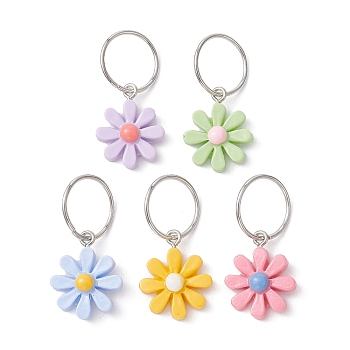 5Pcs 5 Styles Resin Pendant Decorations, with Iron Rings, Flower, Mixed Color, 36mm, 1pc/style