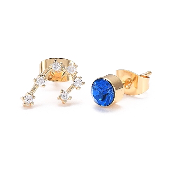Brass Micro Pave Cubic Zirconia Stud Earrings, Asymmetrical Earrings, with 925 Sterling Silver Pins and Ear Nuts, Flat Round & Constellation/Zodiac Sign, Golden, Blue, Gemini, 11x7mm and 5mm, Pin: 0.8mm