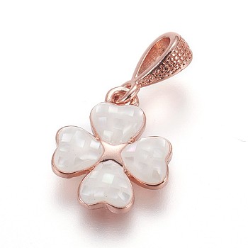 Brass Enamel Charms, with Freshwater Shell, Four Leaf Clover, Rose Gold, Floral White, 13.5x12x2.5mm, Hole: 3x3.5mm