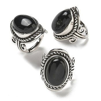 Natural Obsidian Adjustable Rings, Lead Free & Cadmium Free, Antique Silver Plated Brass Finger Rings for Women, Oval, 27mm, Inner Diameter: 17mm