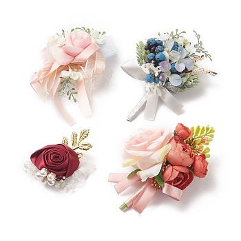 Silk Cloth Imitation Flower Brooch, for Wedding, Party Decorations, Mixed Color, 85~130x65~87x24~43mm