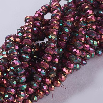 Electroplate Glass Beads Strands, Full Plated, Faceted, Rondelle, Magenta, 3x2mm, Hole: 0.8~1mm, about 185~190pcs/strand, 15.5~16 inch(39.3~40.6cm)